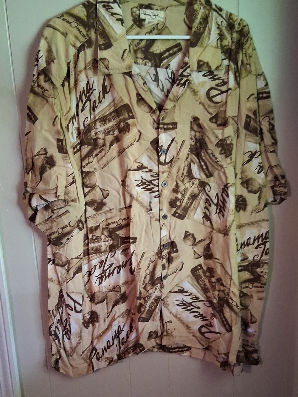 Panama Jack Short Sleeve Button-Up Shirt in Beige and Brown Palm Print